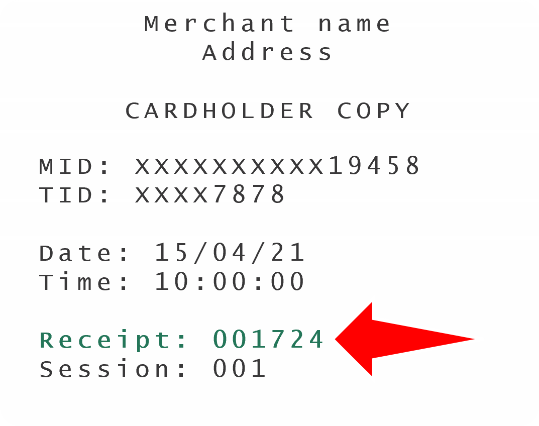 Excerpt of a printed receipt. The location of the receipt number is highlighted with an arrow.