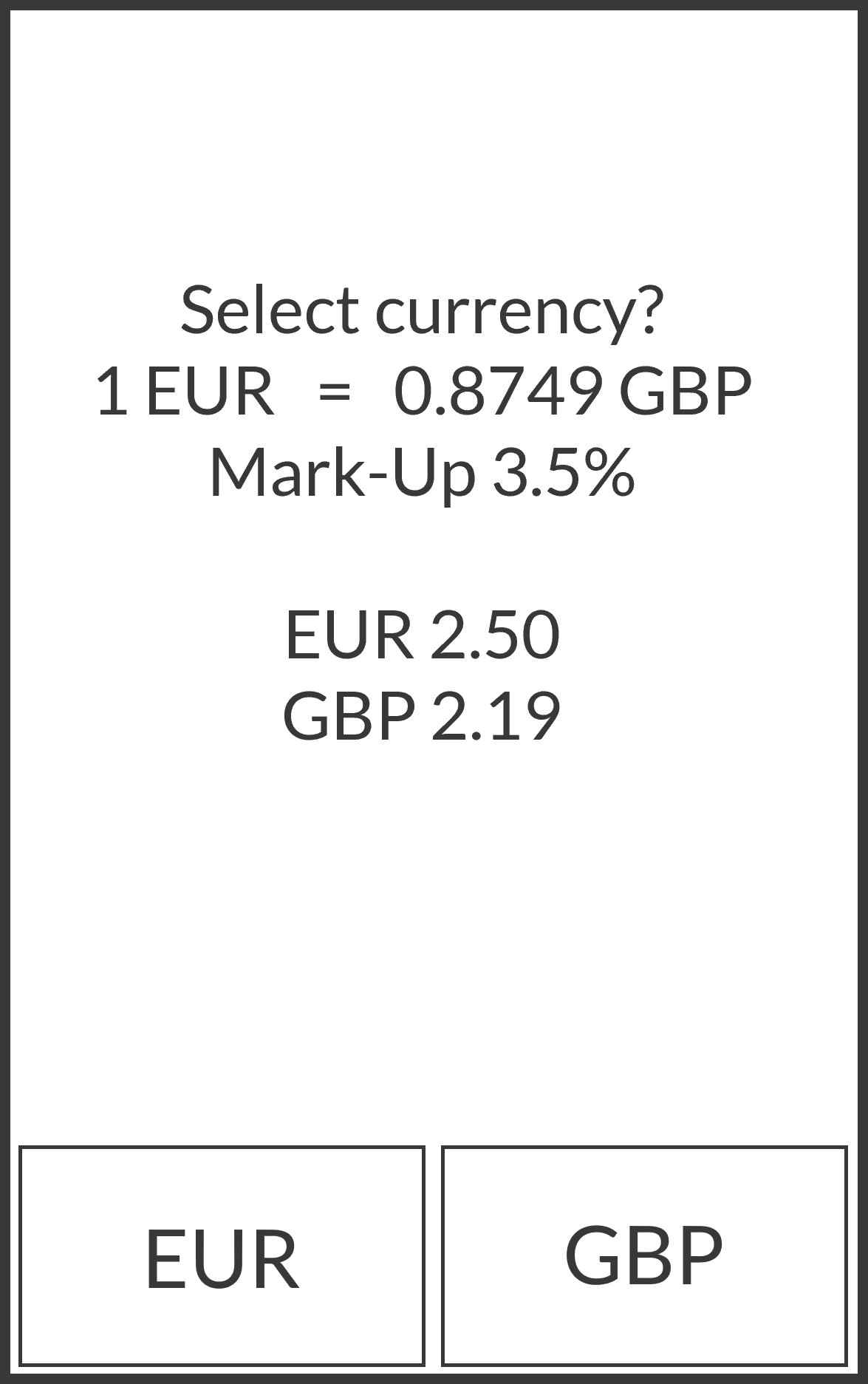 Currency selection screen on payment terminal