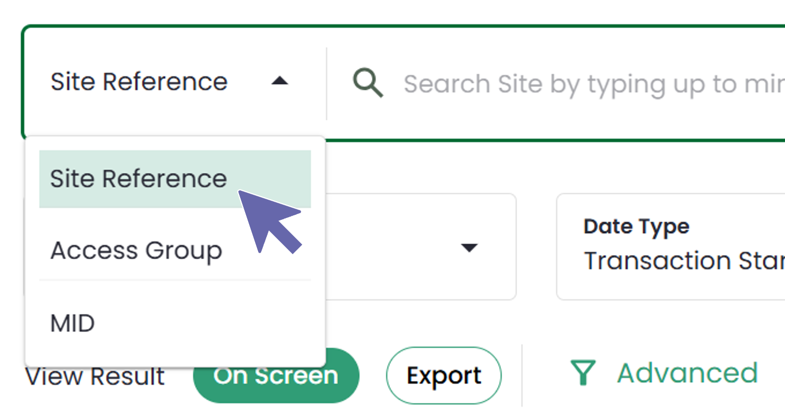 Portal screenshot: User has selected "Site Reference" from the drop-down on the transaction search page.