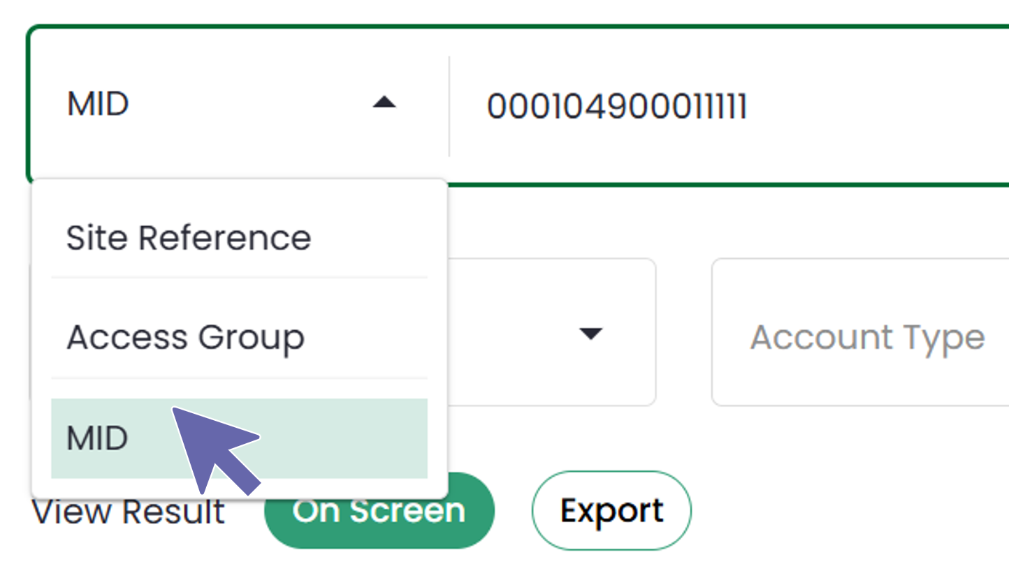 Portal screenshot: User has selected "MID" from the drop-down on the transaction search page.