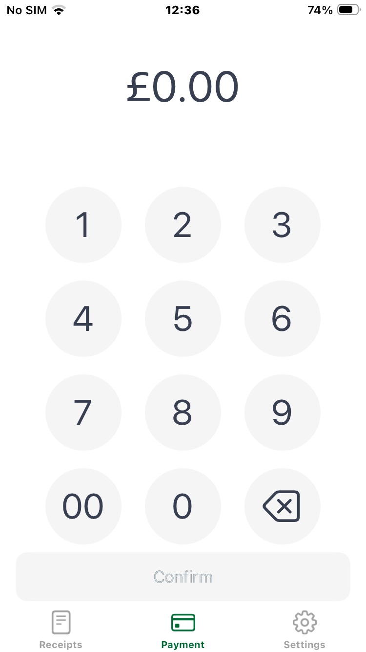 The "Payment" screen, showing the aount and on screen keypad.